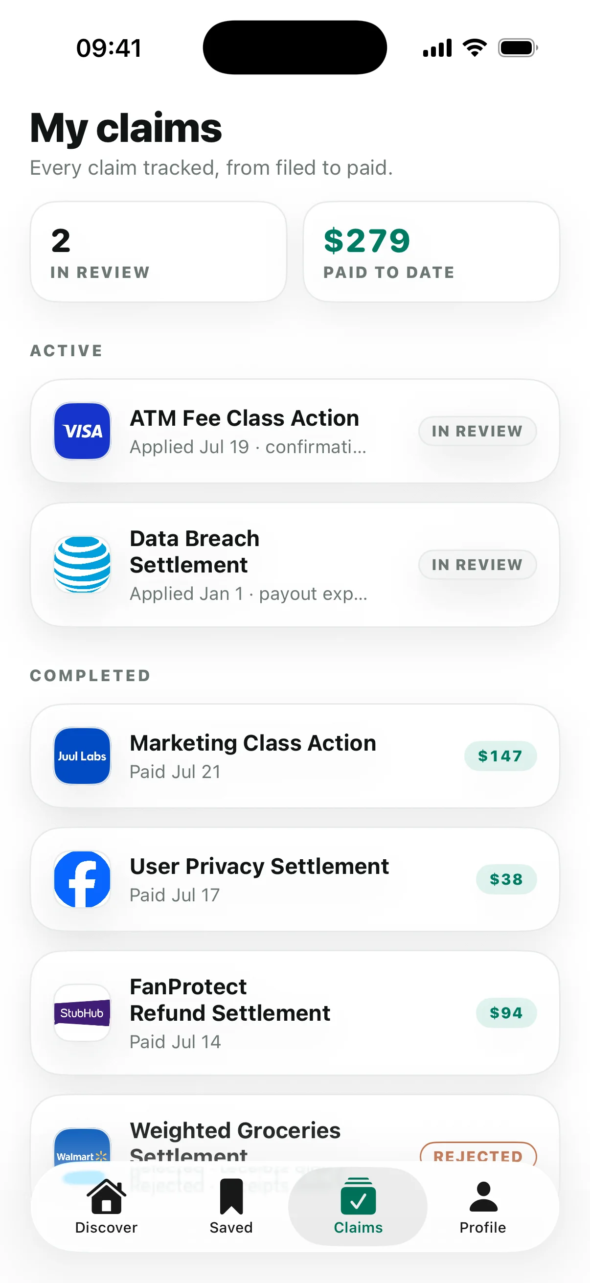 TapClaim tracking active and completed claims