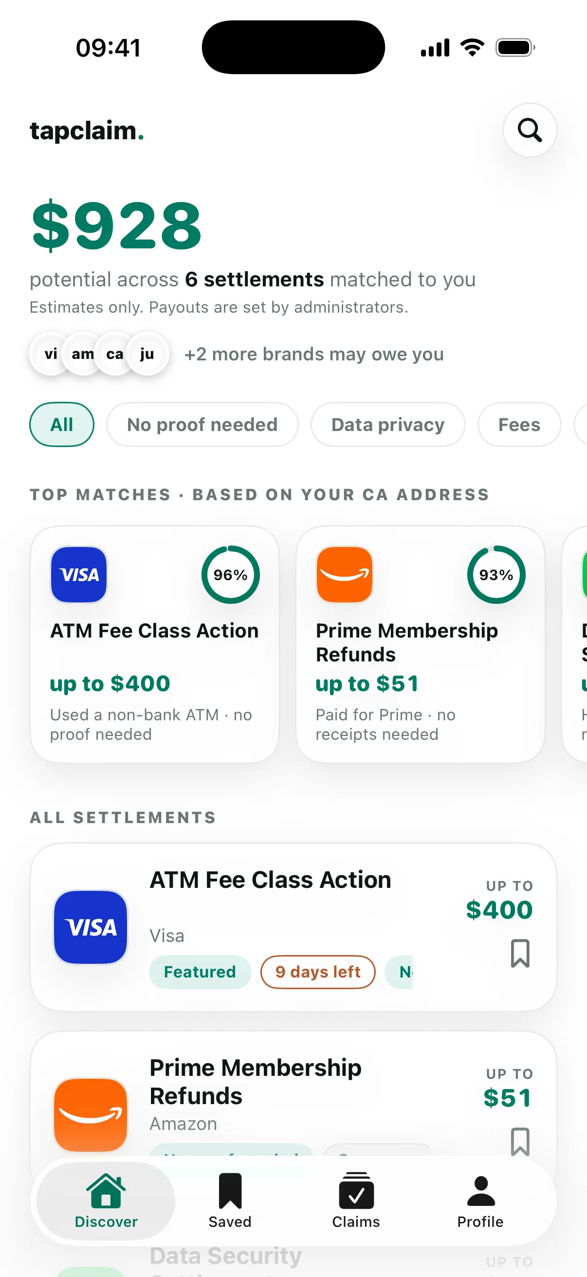 TapClaim showing class action settlements matched to a user