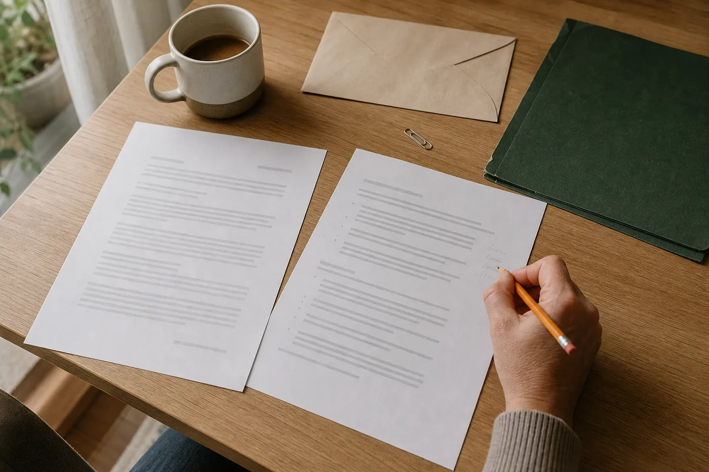 A person reviewing a settlement notice and checklist at a desk