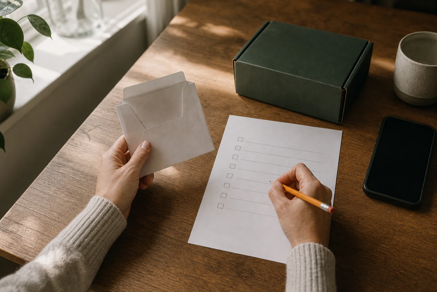 A person reviewing a settlement checklist beside an empty receipt envelope